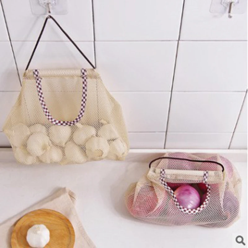 1pc Household Hanging Beige Onion and Garlic Storage Bag, Fruit Wall Mesh Bag, Kitchen Vegetable Storage Mesh Bag