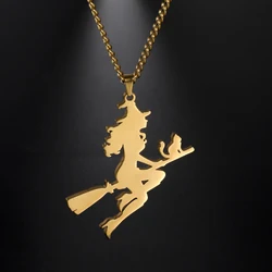 Flying Witch Silhouette Pendant Necklace for Women Fashion Stainless Steel Gold Silver Color Necklace Jewelry for Christmas Gift