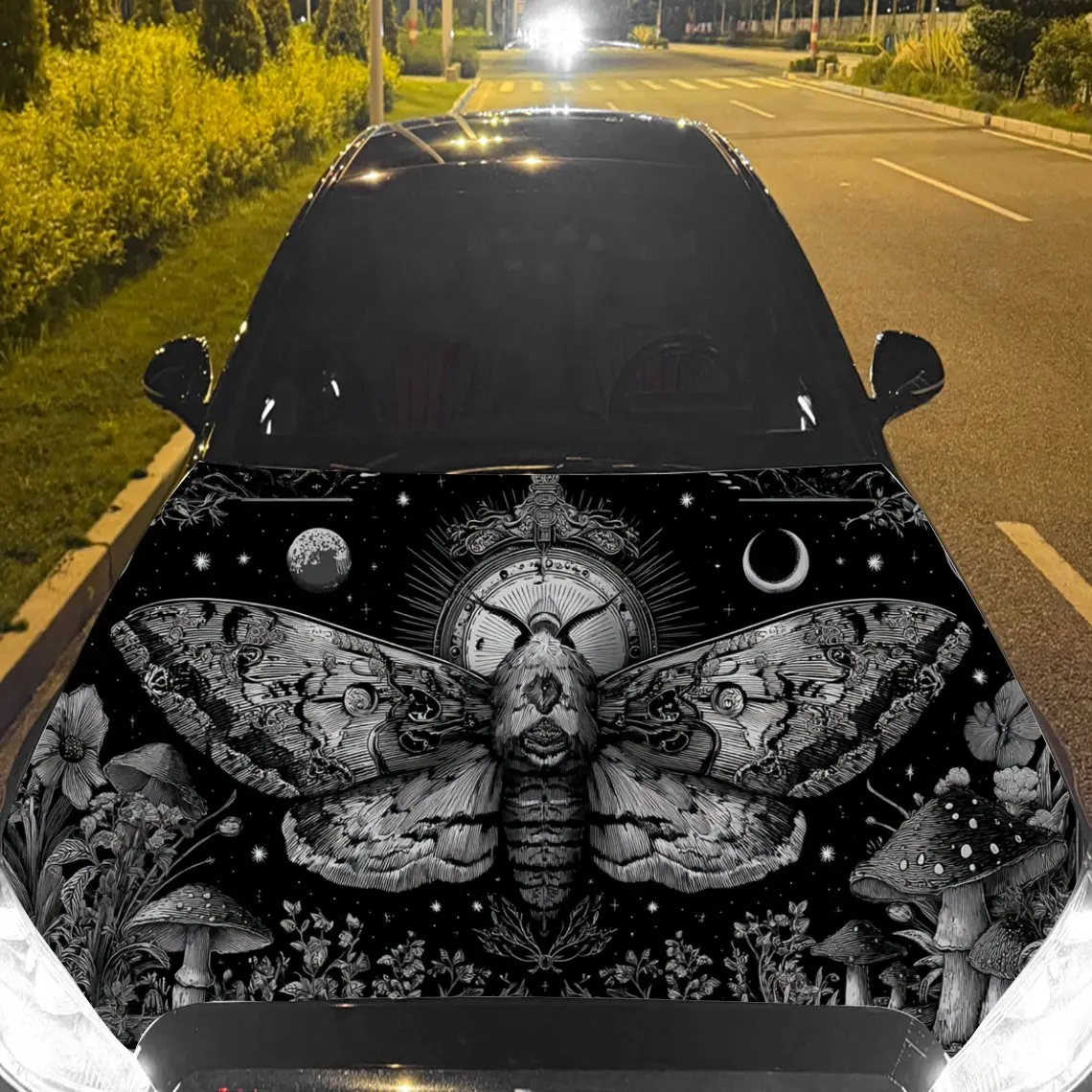 Car Decal Moth with Celestial-Clock Textured Motif in Artistic Insect-Mystical Style - Bold Terrestrial Enigmatic Fantasy Aesthe