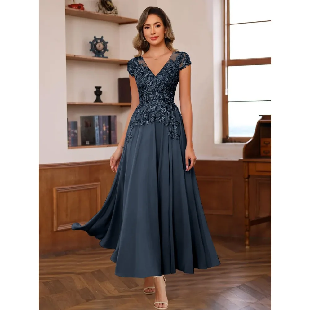 

Customized Lace Mother of Birde Dresses 2026 for Women Wedding Navy Blue A Line V Neck Ruched Elegant Evening Dress Prom Gowns