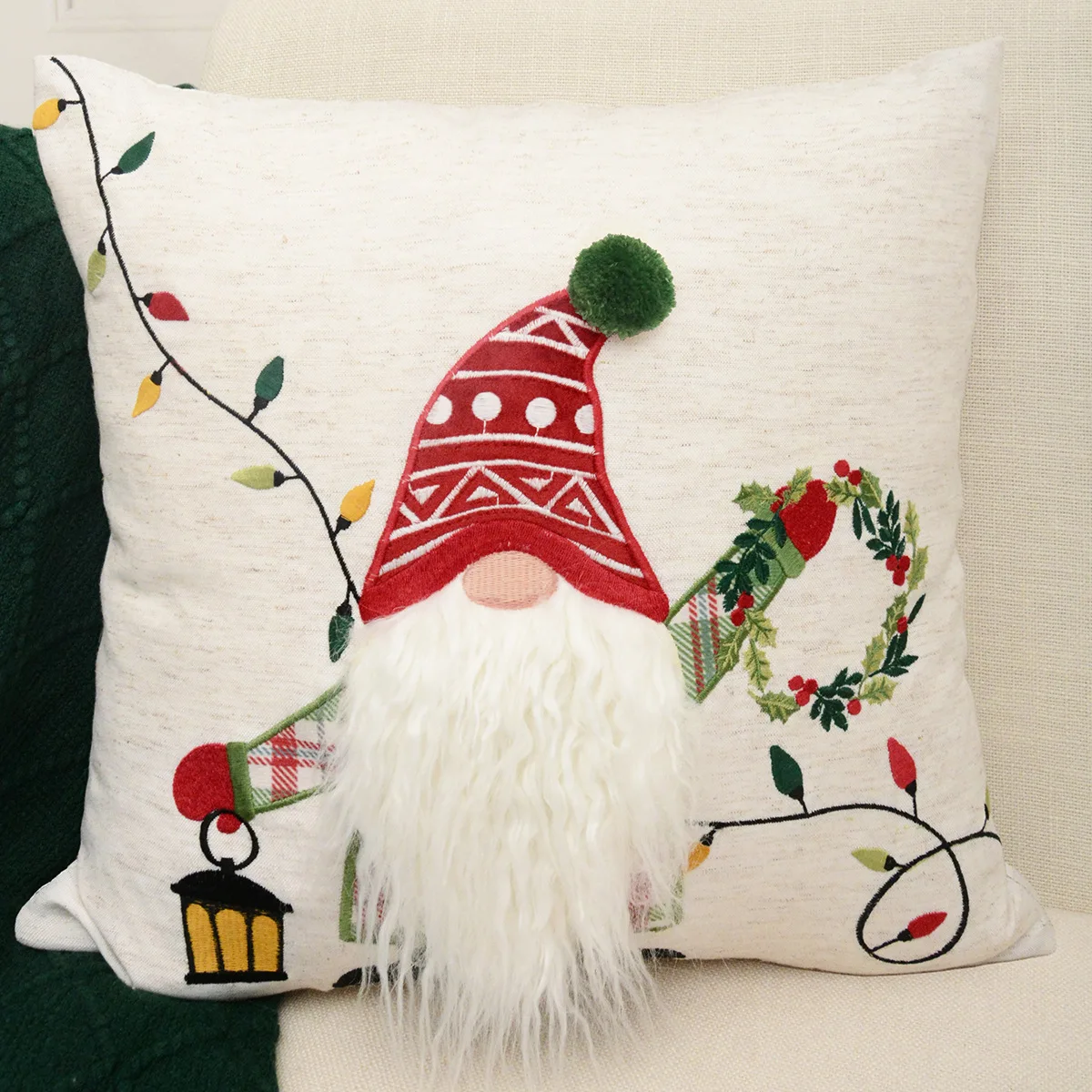 Christmas Embroidered Pillow Cushion Cover Dwarf Snowman 45X45cm Bed Home Pillow Cover Christmas Decoration