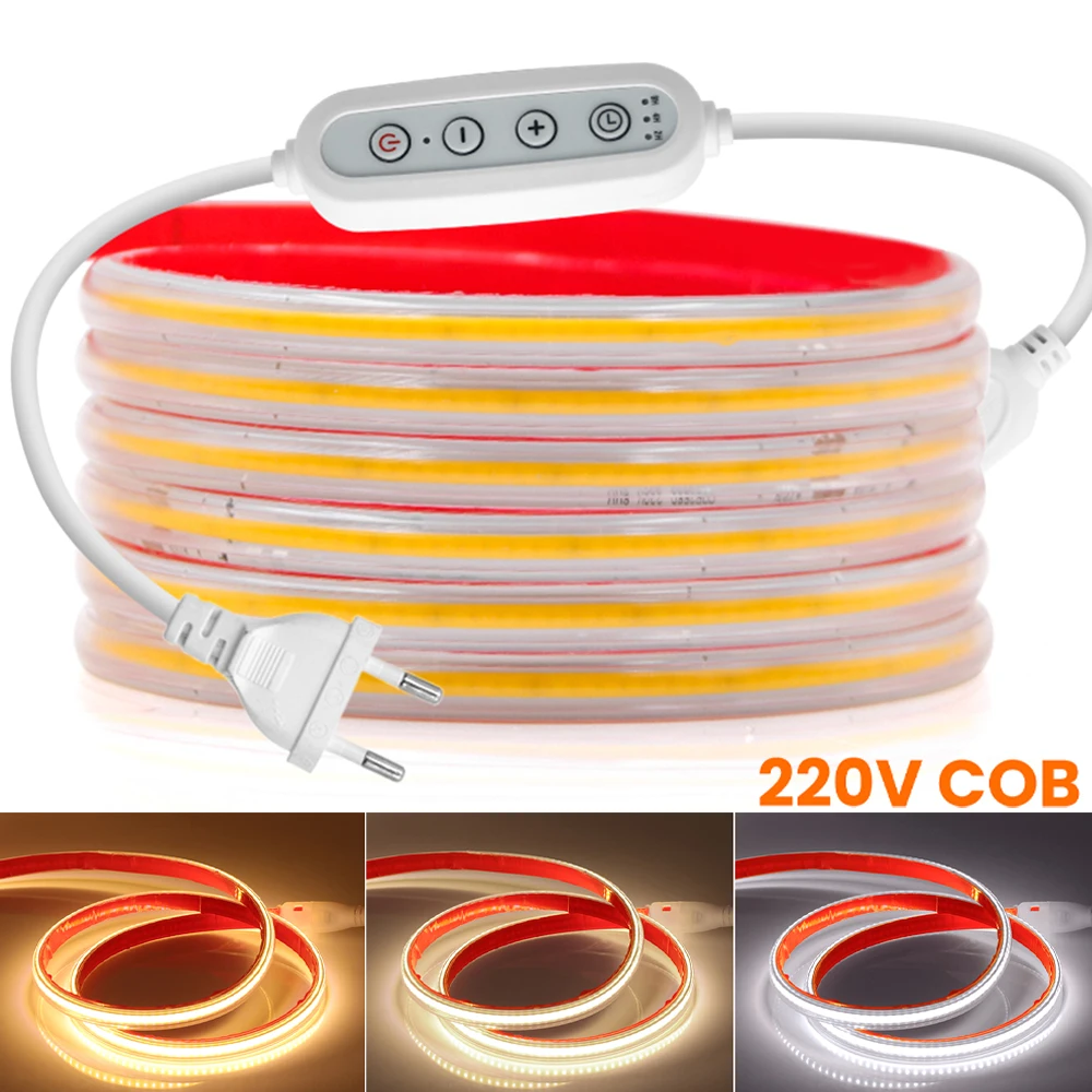 

220V 230V Dimmable COB LED Strip Light Dimmer EU Plug 3000K 4000K 6000K 288Led Bright Flex Tape Waterproof Room Linear Ligting