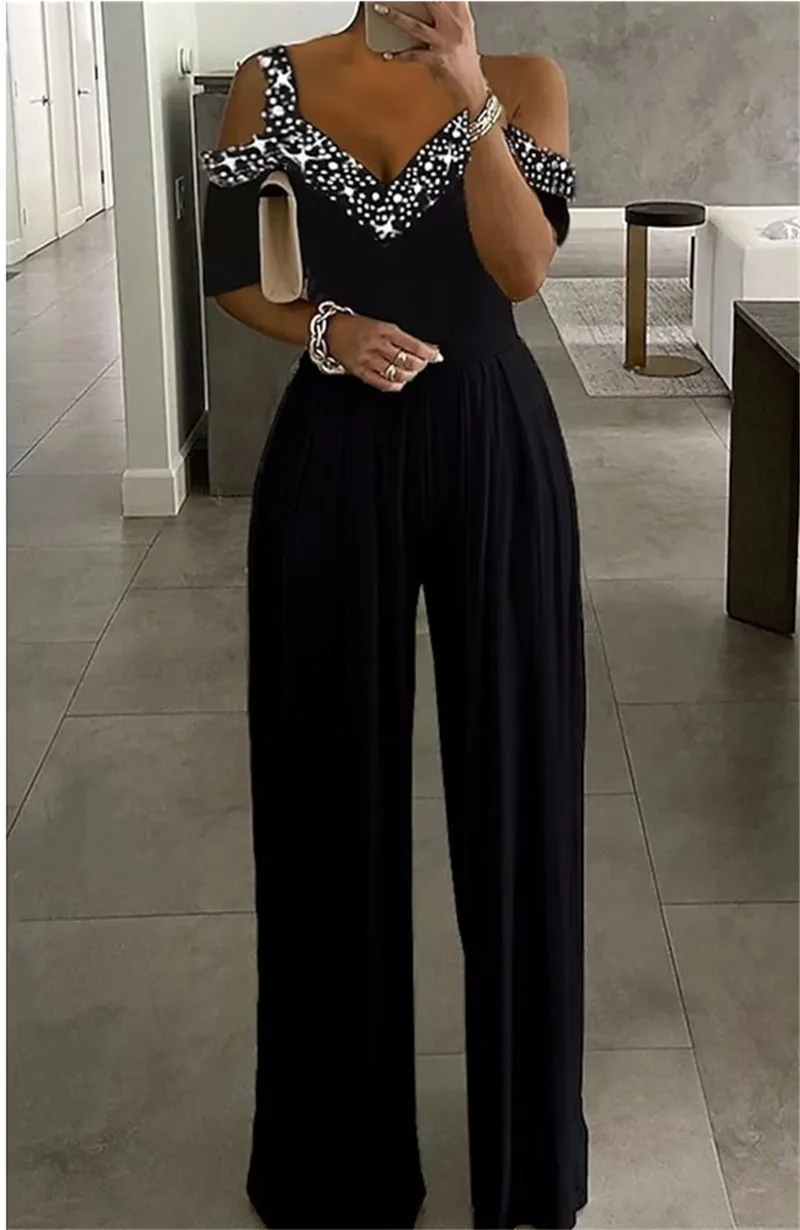 Women's Printed High Waist Straight Pants, Elegant Commuter Jumpsuit, Sexy V-Neck Sling, Spring and Summer Fashion