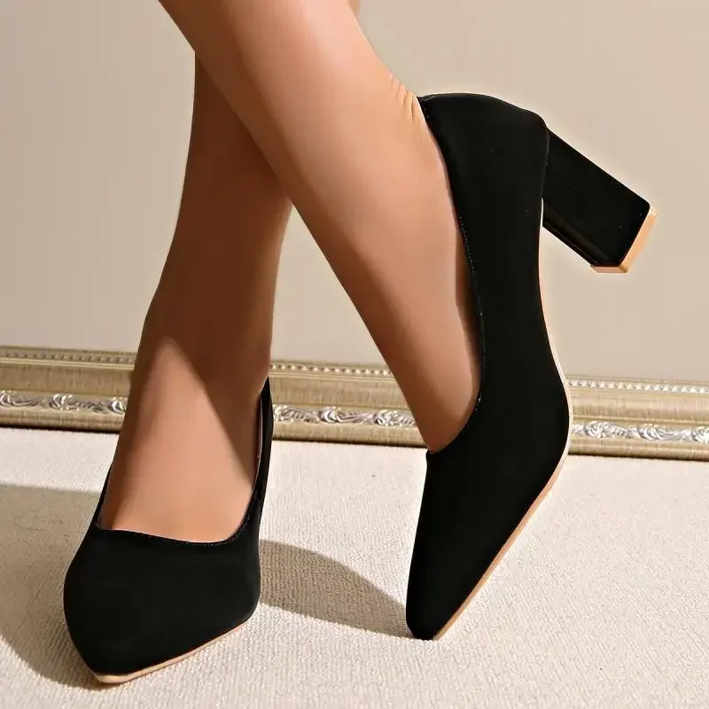 Rimocy Sexy Black Point Toe High Thick Heels Women\'s 2025 Spring Suede Leather Plus Size Pumps High-Quality Woman Office Heels