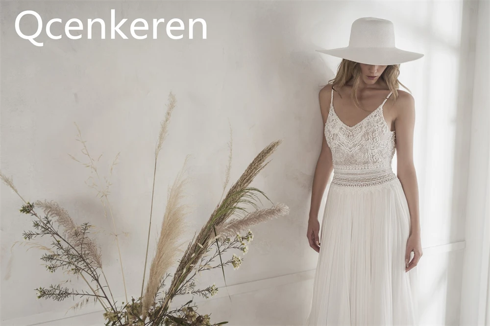 Qcenkeren-Robe de Mariée en Mousseline de Soie pour Femme, Sous-Vêtement en Dentelle, Forme Trapèze, Style Boho, pour la raq en V