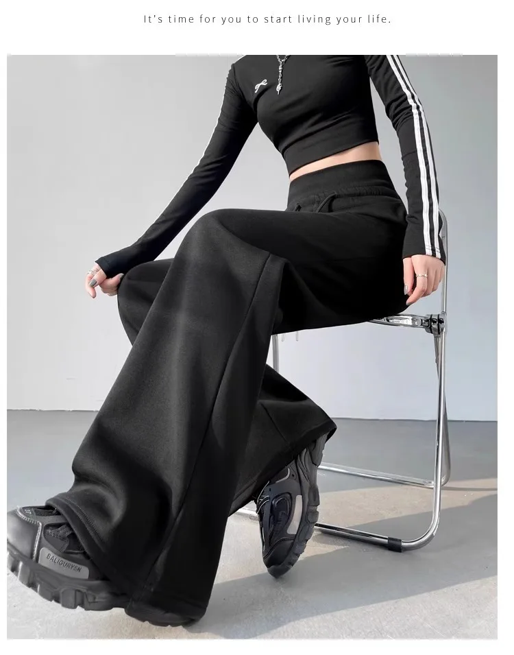 Damen Graue Sport-Hose mit Hoher Taille, Locker Sitzend, Schlankmachend, Gerades Bein, Weites Bein, Amerikanische Jogginghose – Detail 7
