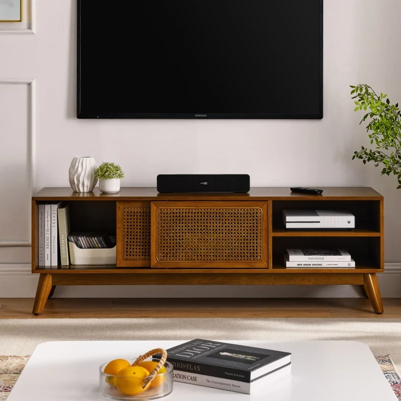 

Modern Rattan Entertainment Center with Storages for Up to 65-inch TV Stand for Living Room Media Console Table in Brown Ebony