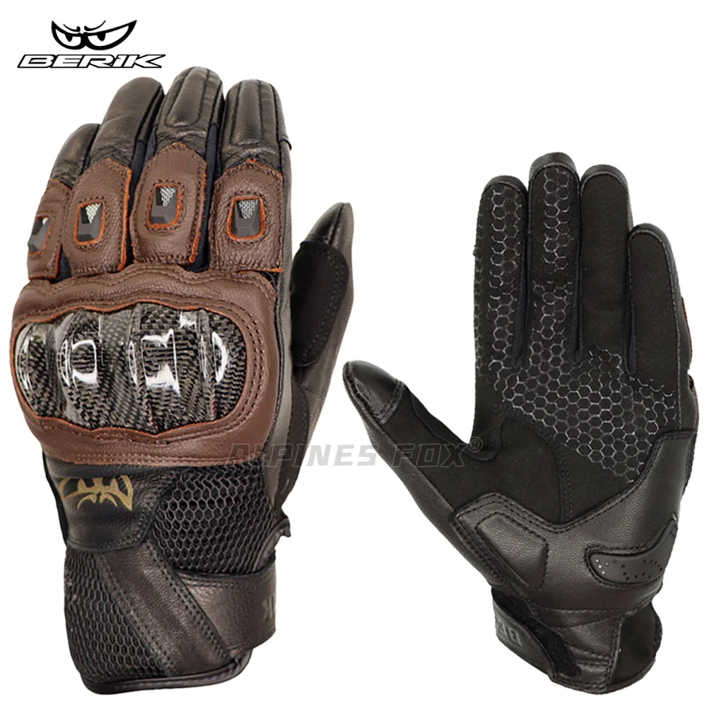 BERIK Full Finger Leather Motorcycle Gloves Classic Retro Motorbike Gloves Carbon Shell Protect Men Gloves Moto Motocross Gloves