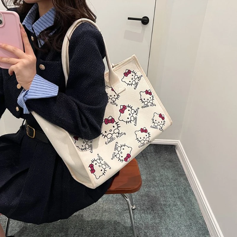 MINISO Hello Kitty Cartoon Canvas Bag Fashion Casual Versatile borsa grande capacità una borsa a tracolla