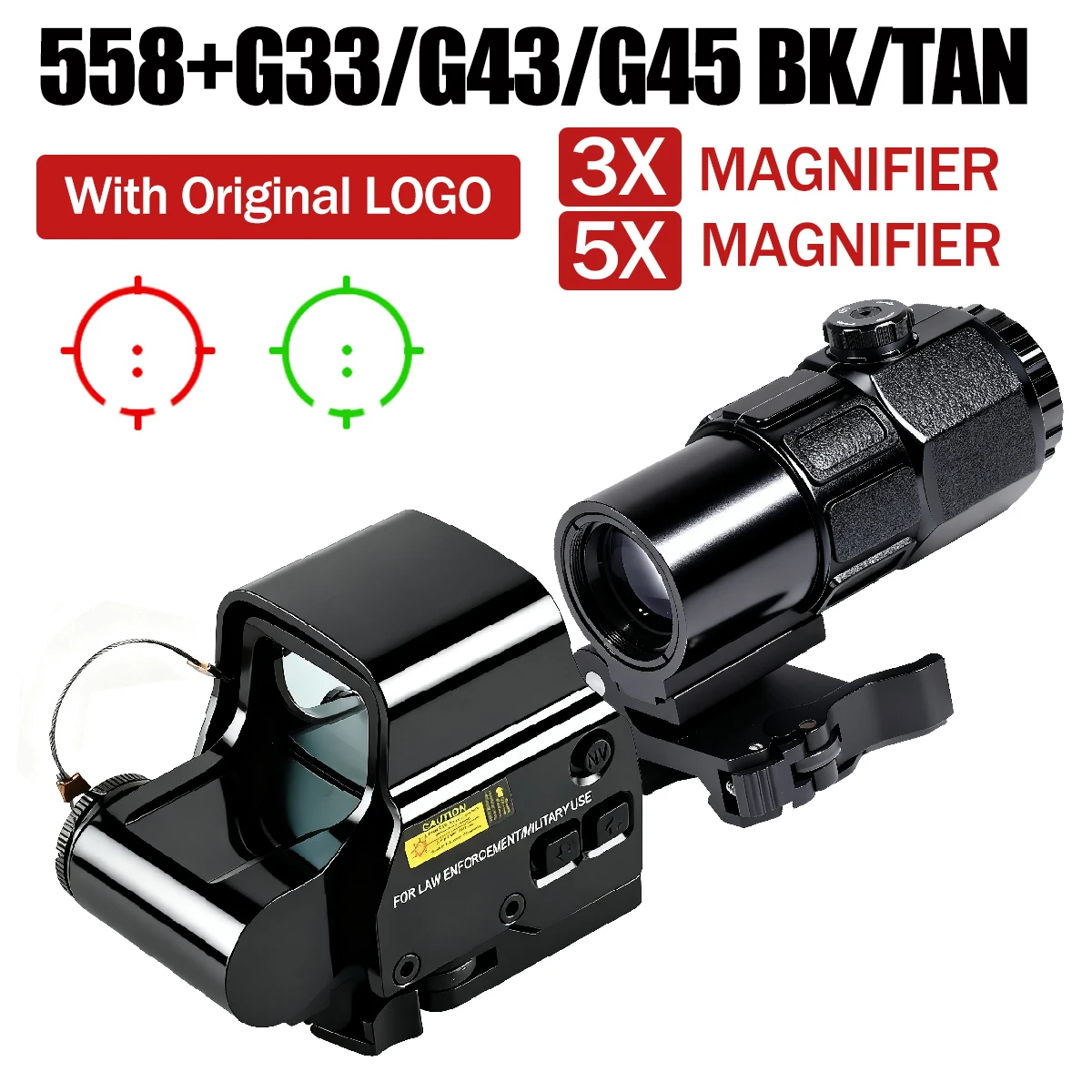 

E*t*ch 558 Red Dot Sight Holographic Collimator and 3X/5X Magnifier Airsoft Scopes Hunting Gear W/20mm Rail Mount & QD Lever