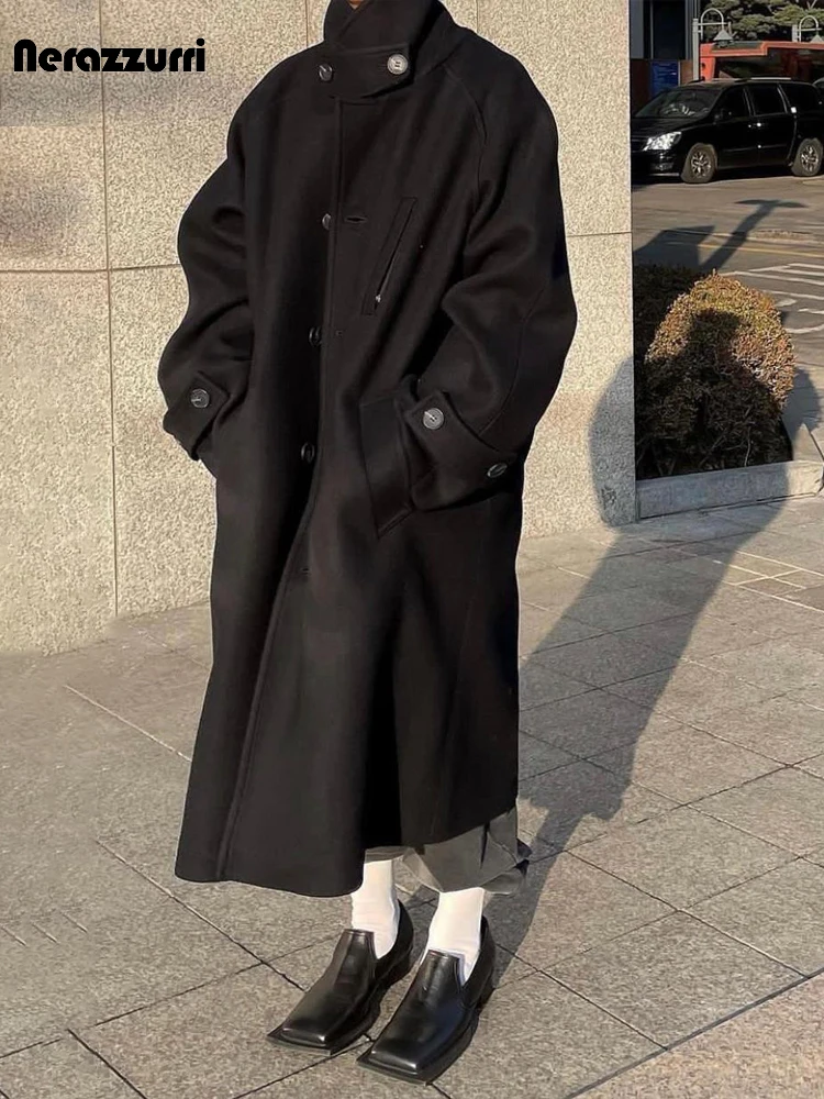 Nerazzurri Autumn Winter Long Oversized Cool Warm Black Woolen Coat Men Single Breasted Luxury Loose Chic European Fashion 2023