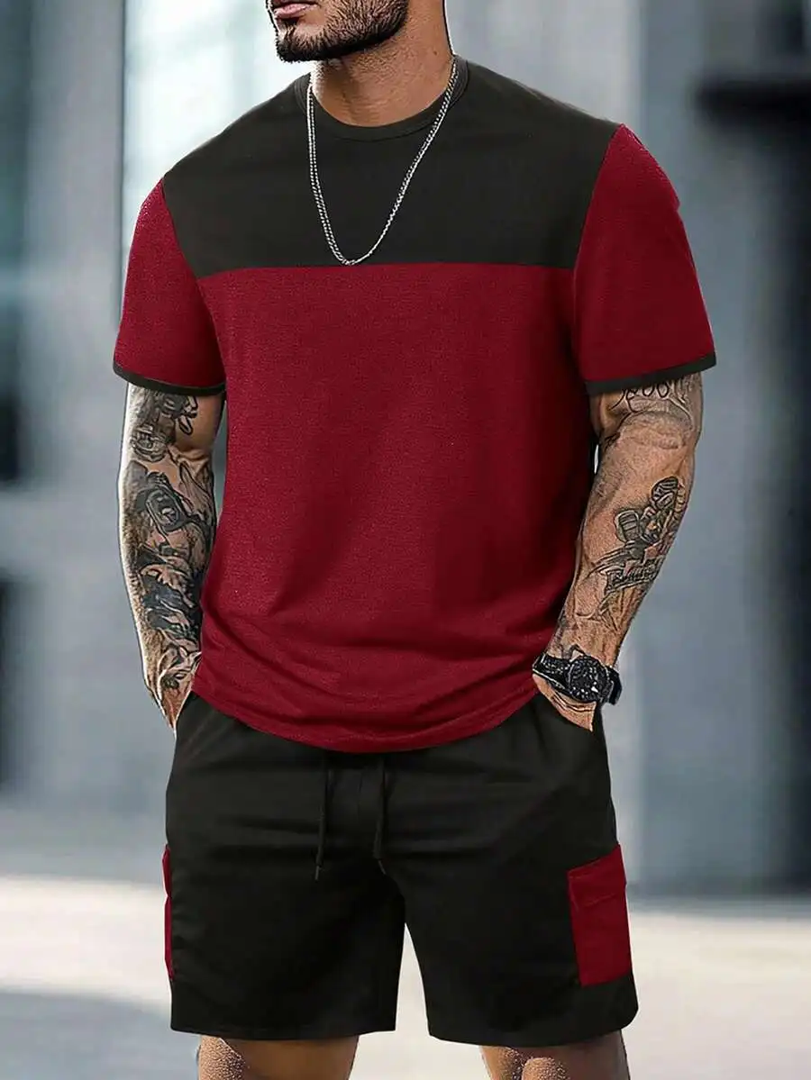 

Mens Colorblock Round Neck Short Sleeve T-Shirt And Track Shorts Co-Ord Set