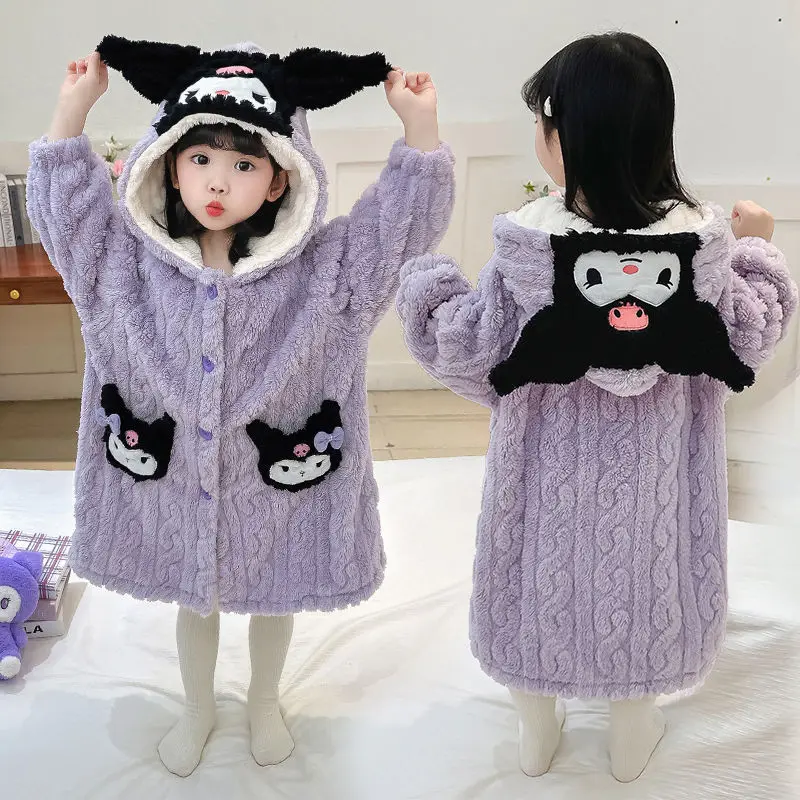 Cartoon Kuromi Cinnamoroll Children Plush Pajamas Robe Anime Sanrios Winter Kawaii Girl Cute Coral Fleece Warm Thicken Nightgown