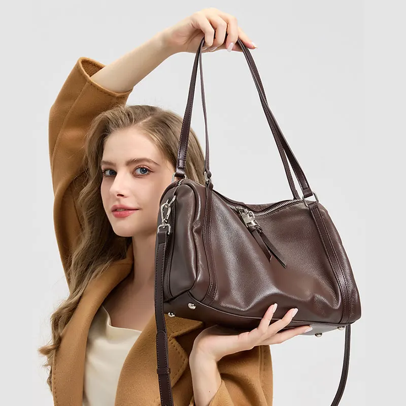 

Genuine Leather Women's Tote Bag 2026 New Luxury Designer Boston Shoulder Bag Women Large Capacity Handbag Cowhide Crossbody Bag