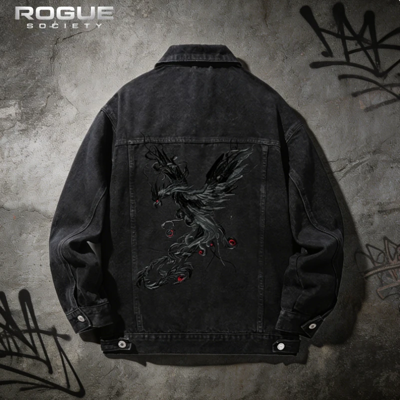 Y2K Summer New Phoenix Embroidered Denim Jacket Men Chinese Washed Harajuku Streetwear High Street Aesthetic Trucker Coat Unisex