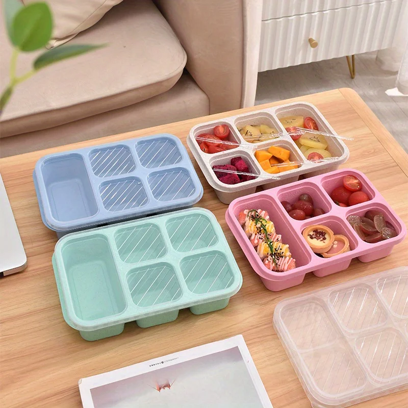 Eco-Friendly Wheat Straw Bento Box With Lid - 5-Compartment Square Lunch Container, Perfect For Snacks & Meals On The Go