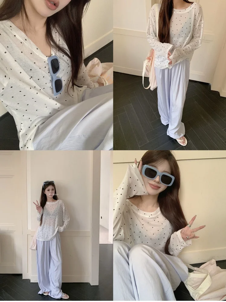 Summer New Polka Dot Long Sleeve round Neck Lightweight Hoodie Style Women's Sun Protection Clothing Thin Easy-to-Wear Cover up