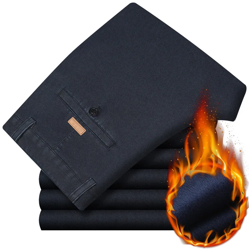 

High Waist Fleece Double Pleated Denim Jeans for Men Trousers Black Straight Loose Warm Winter Pants Men Clothing