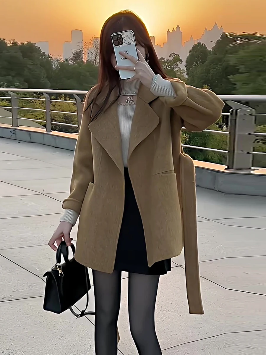 

Двустороннее шерстяное пальто, женское нежное корейское пальто, весеннее новое поступление, универсальное длинное пальто с поясом, чистый цвет