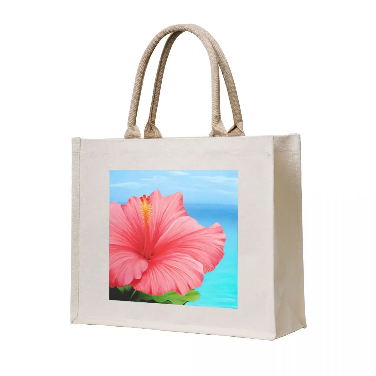 

Pink Hibiscus Flower in Front of Turquoise Sea - Tropical and Exotic Illustration Tote Bag Lady bags