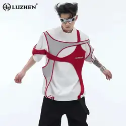 LUZHEN Stylish Personalized Color Contrast Splicing Design T Shirts Men's 2025 Fashion Original Street Shoulder Pad Tops LZ3970