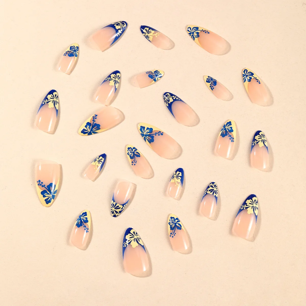 24pcs French Style Press On Nails Almond Fake Nail Patches With Blue Yellow Flower Designs Reusable Korean False Nail Tips