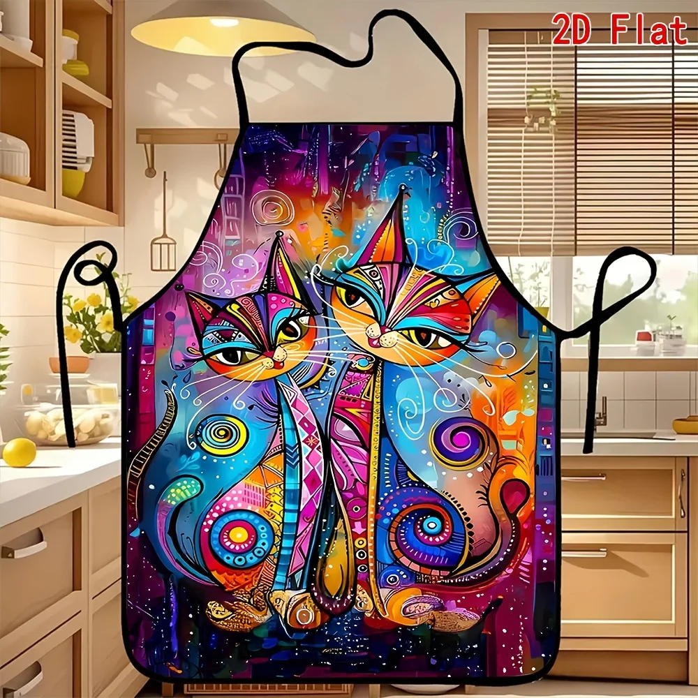A Fantastical And Colorful Twin Cat Pattern Apron, Suitable for Both Men And Women, Perfect for Kitchen Baking, Outdoor Grilling