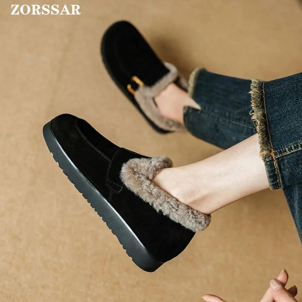 Winter Flat Shoes Women 2025 Women's Snow Boots Flat-soled Plush Women Loafers Suede Leather Winter Female Cotton-padded Shoes