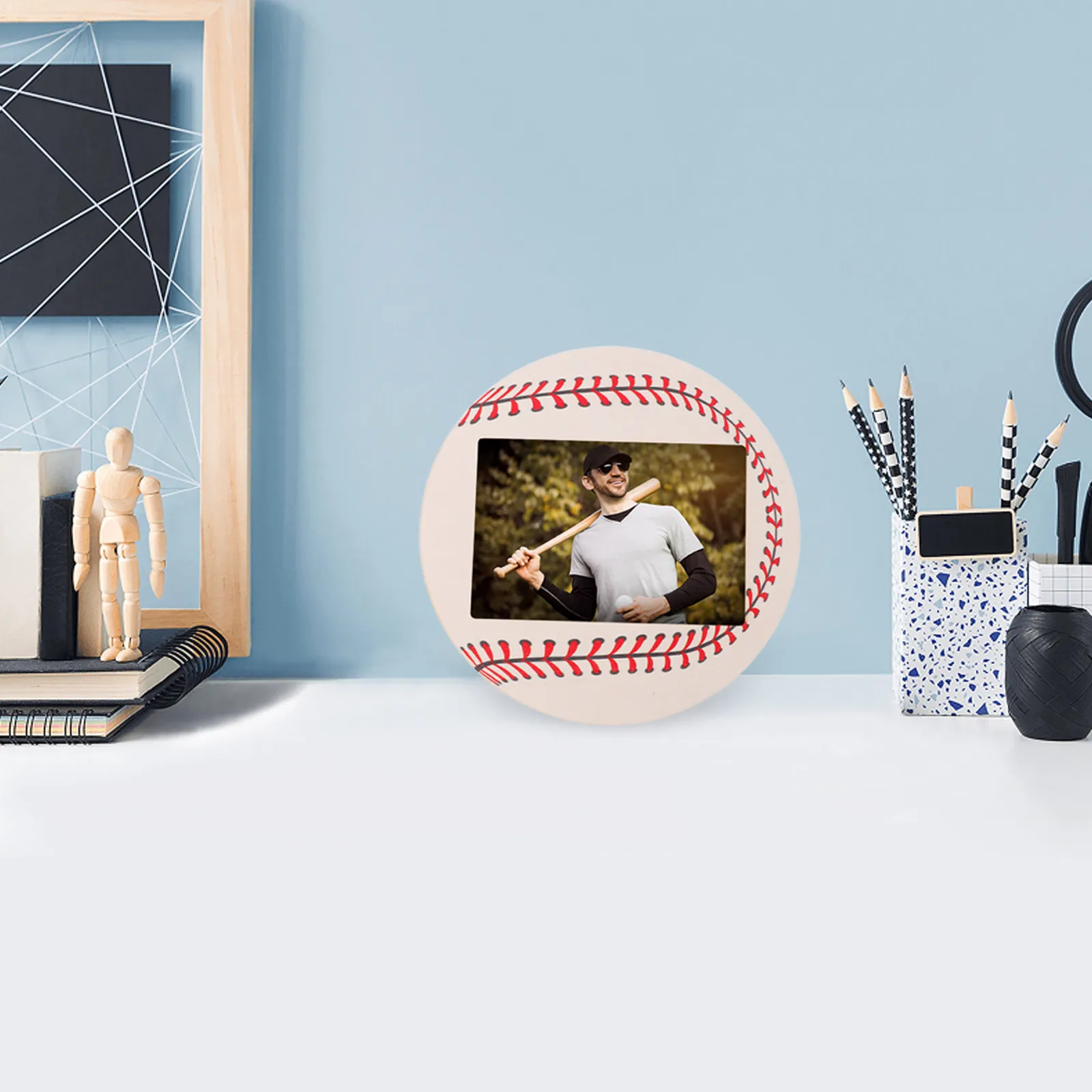 2Pcs Wood Baseball Picture Frame Natural Grain 4x6 Inch Tabletop Wall Display Sports Team Award Photo Frame Home Office Decor