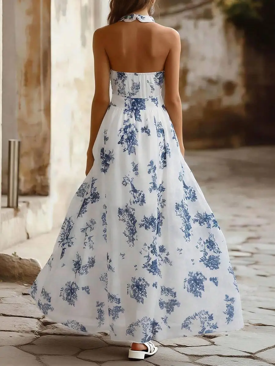 

Womens Floral Print Backless Halter Neck Maxi Dress Summer