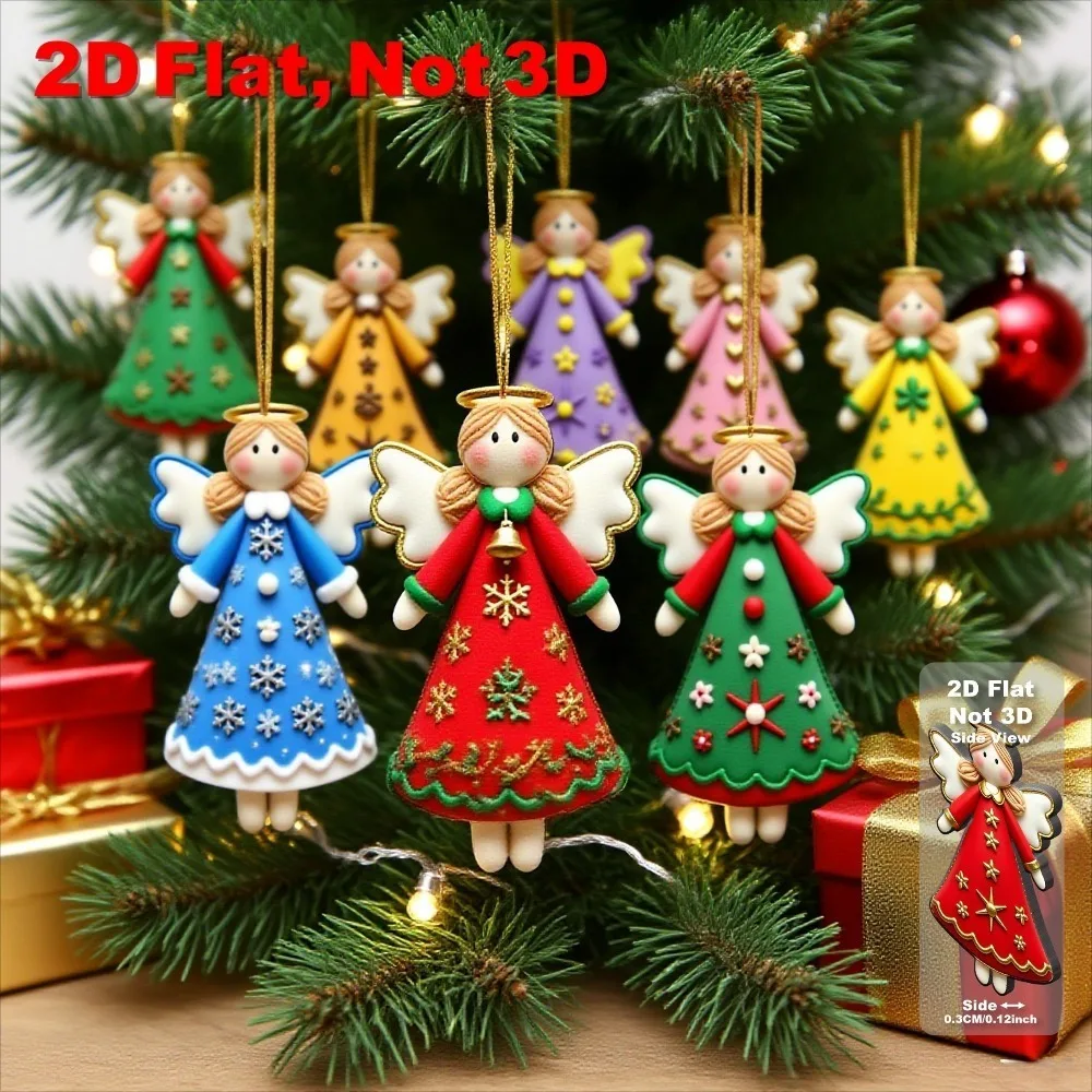 16 قطعة الحلي الملاك الخشبية الاصطناعية مع النجمة الذهبية والأقواس الشريط 2D المعلقات المسطحة لعيد الميلاد الشكر السنة الجديدة ديكور #6