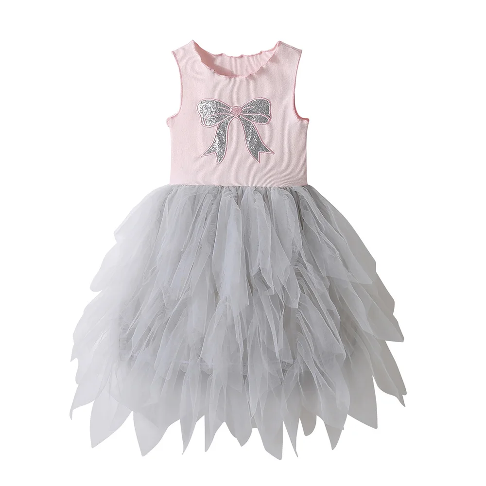 VIKITA Toddlers Pink Bow Knot Knitted Soft Summer Sleeveless Tutu Dress Girls Birthday Party Wedding Princess Layered Dress