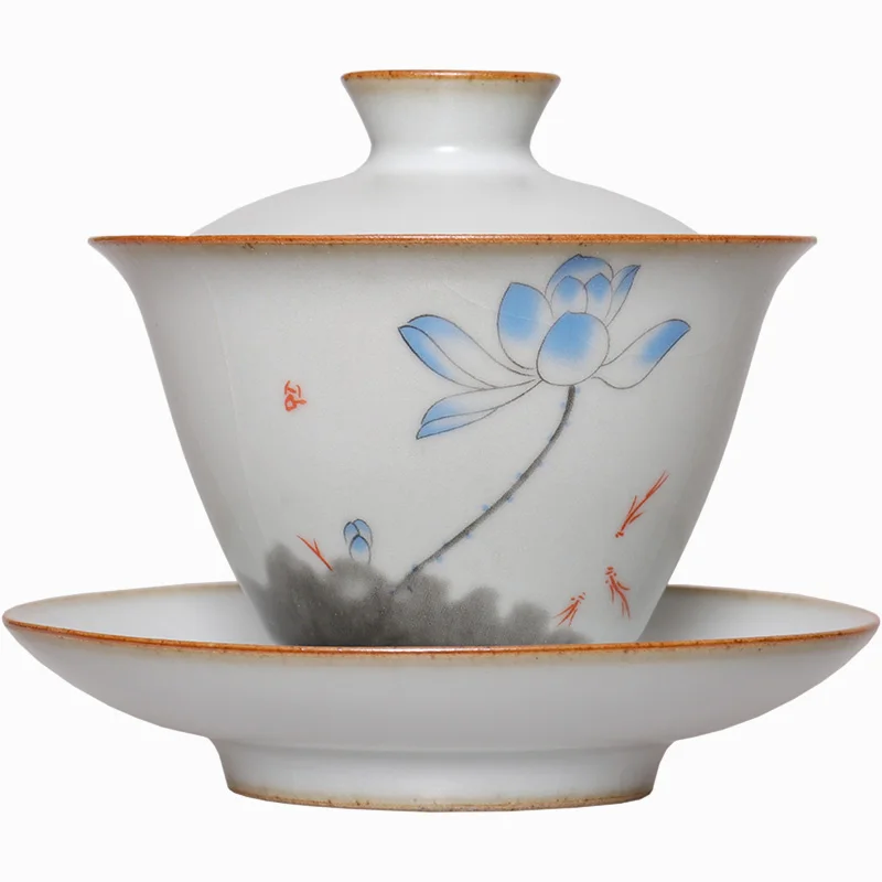 

Official Kiln Tureen Large and Small Painted Blue and White Flower Three-Piece Tea Bowl Kung Fu Tea Set Household White