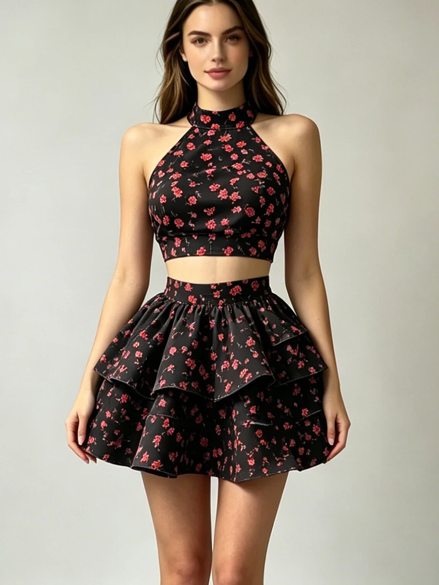 

LIMO Women's Two-Piece Set Floral Print Halter Crop Top + Two-Tiered Mini Skirt Summer Party Outfit
