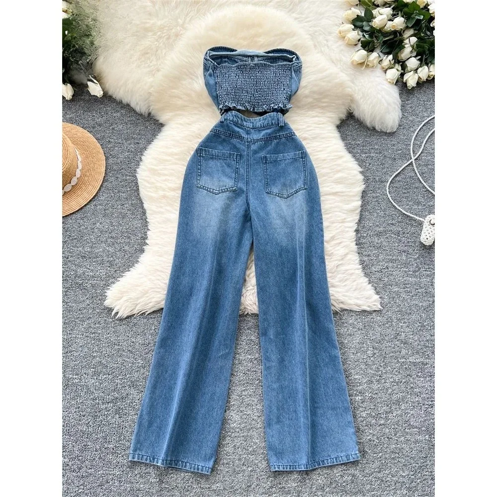 

SINEINY Women's Strapl Denim Jumpsuit Hollow out Design Low Waist ort Pants 00% Cotton Spring Faion Ladies' Suit