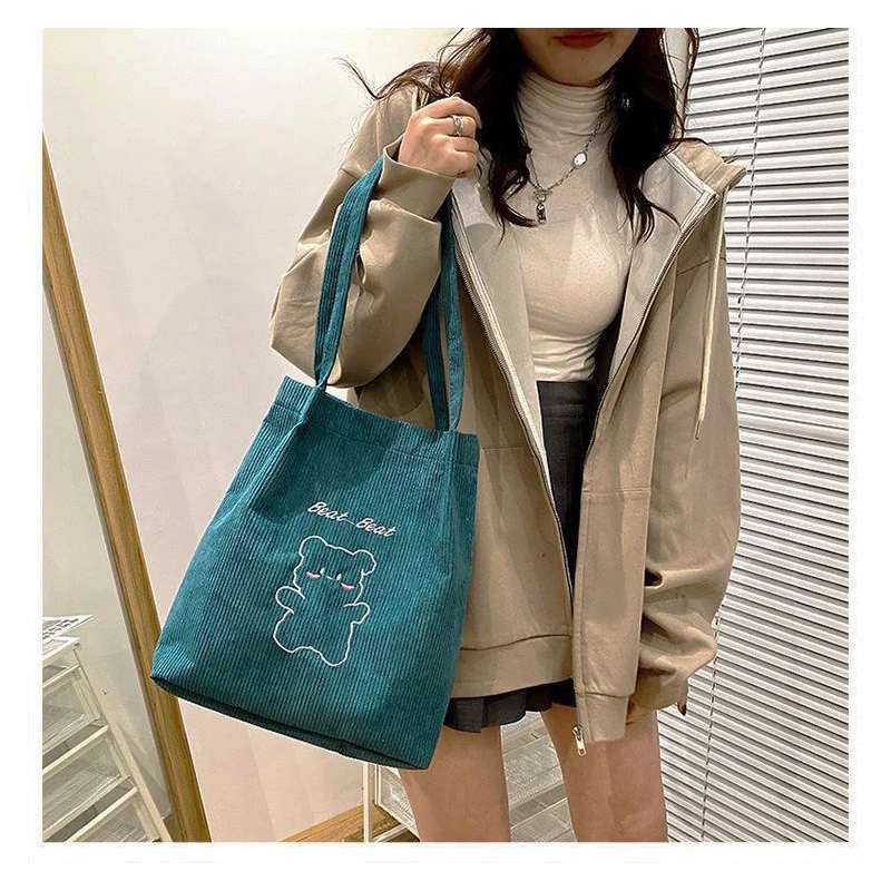 Cartoon Embroidered Shoulder Bag Corduroy Women Handbag Student School Purse Shoulder Bags