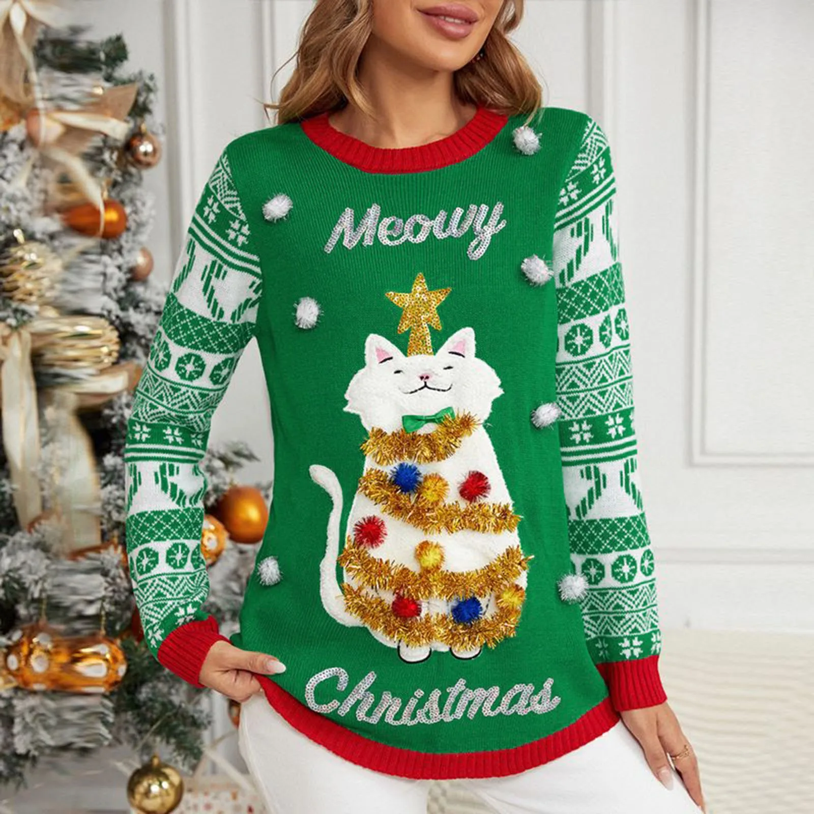 

Autumn And Winter New Jacquard Pullover Christmas Sweater Contrast Trim Cartoon Embroidered Sweater Merry Christmas Knit Tops