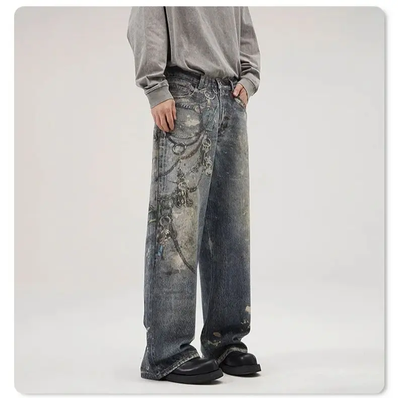 New Fashion Digital Crop Printed Jeans Men's Loose Wide Leg Straight Trousers Hole Breaking Personality