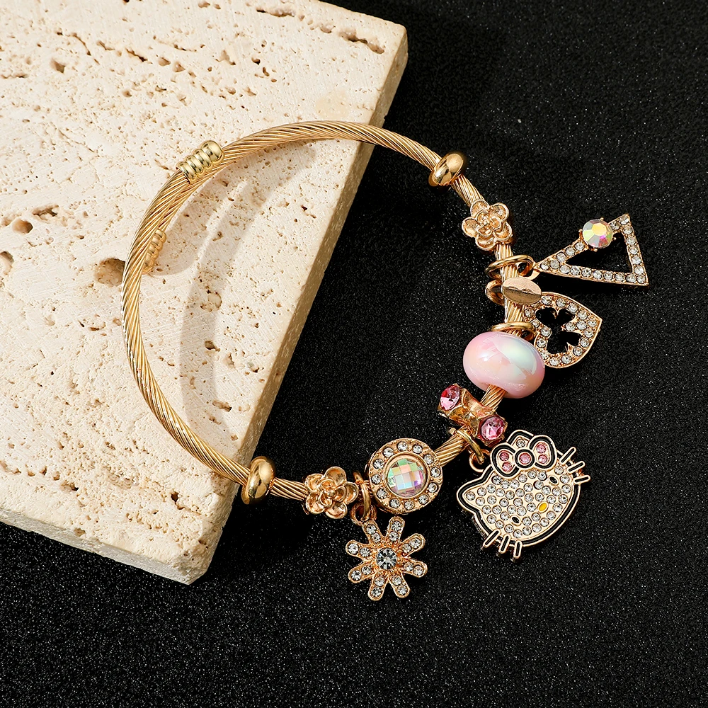 Sanrio anime dos desenhos animados hellokitty pulseira moda diy pingente incrustado moissanite acessórios popular kt gato coração pingente pulseira