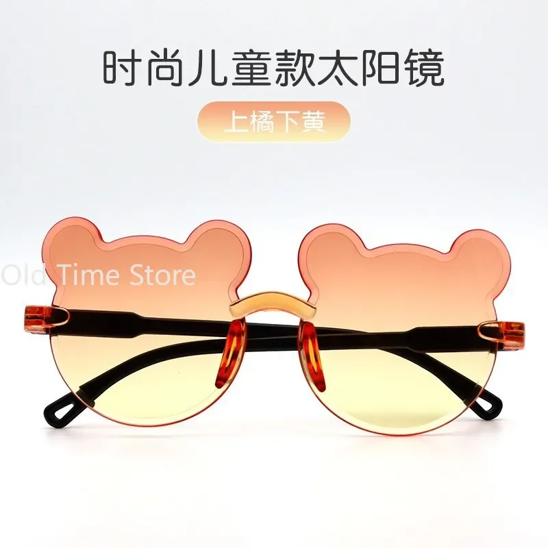 Girls Boys Cartoon Bear Rimless Sunglasses UV400 Children Retro Round Glasses Eyeglass Outdoor Infant Ultraviolet-proof Eyewear