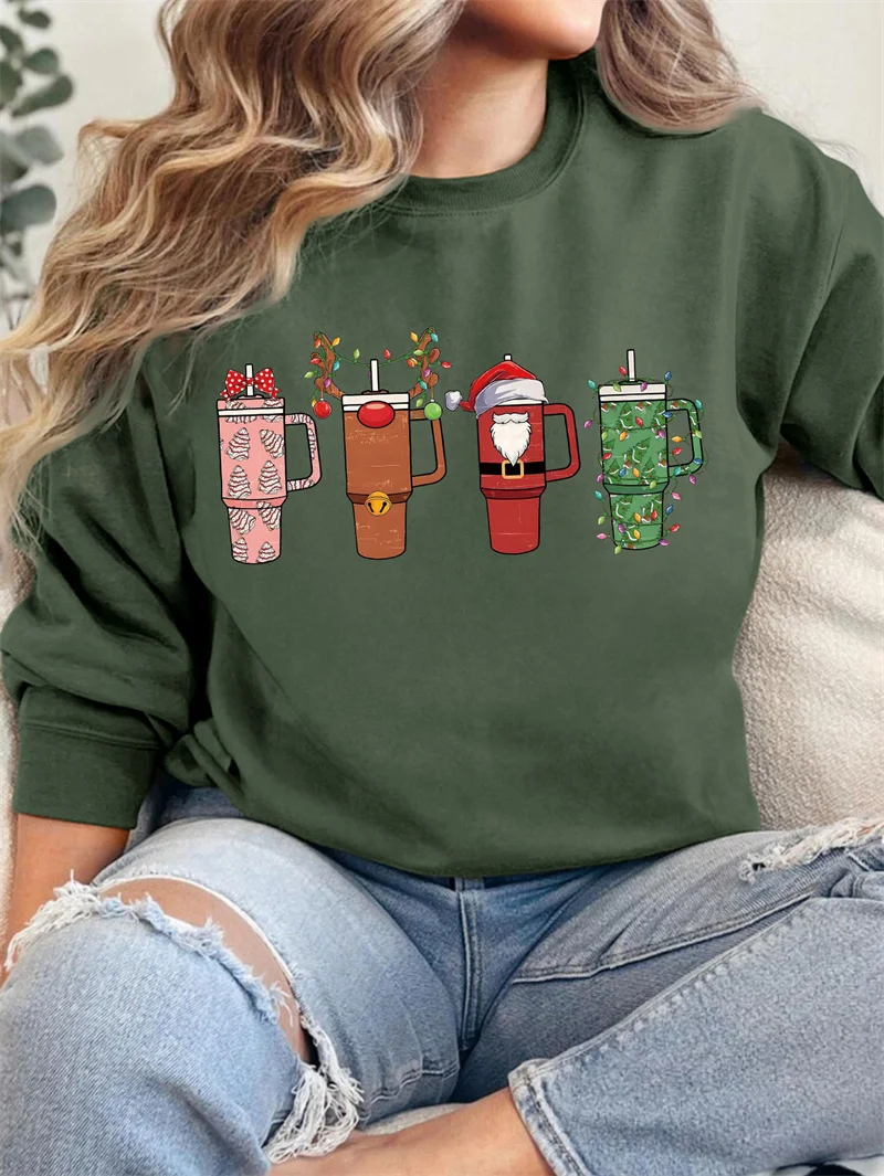 New cotton winter women's Christmas cup Green cup printed festive vintage round neck long sleeve fleece hoodie