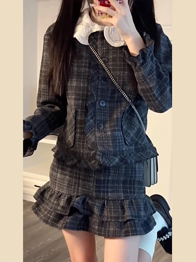 

Ретро-юбка А-силуэта в клетку с воротником «Питер Пэн» для женщин, осенне-зимняя, с завышенной талией, из смесового хлопка и полиэстера, с длинными рукавами