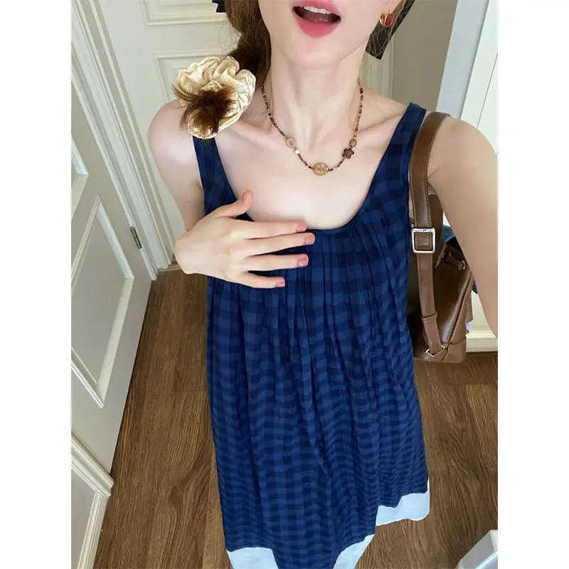 Korobov French Vintage Robe Blue Plaid Sleeveless Square Collar Dress Women Vestidos Casual Loose Slim Suspenders Y2k Dresses