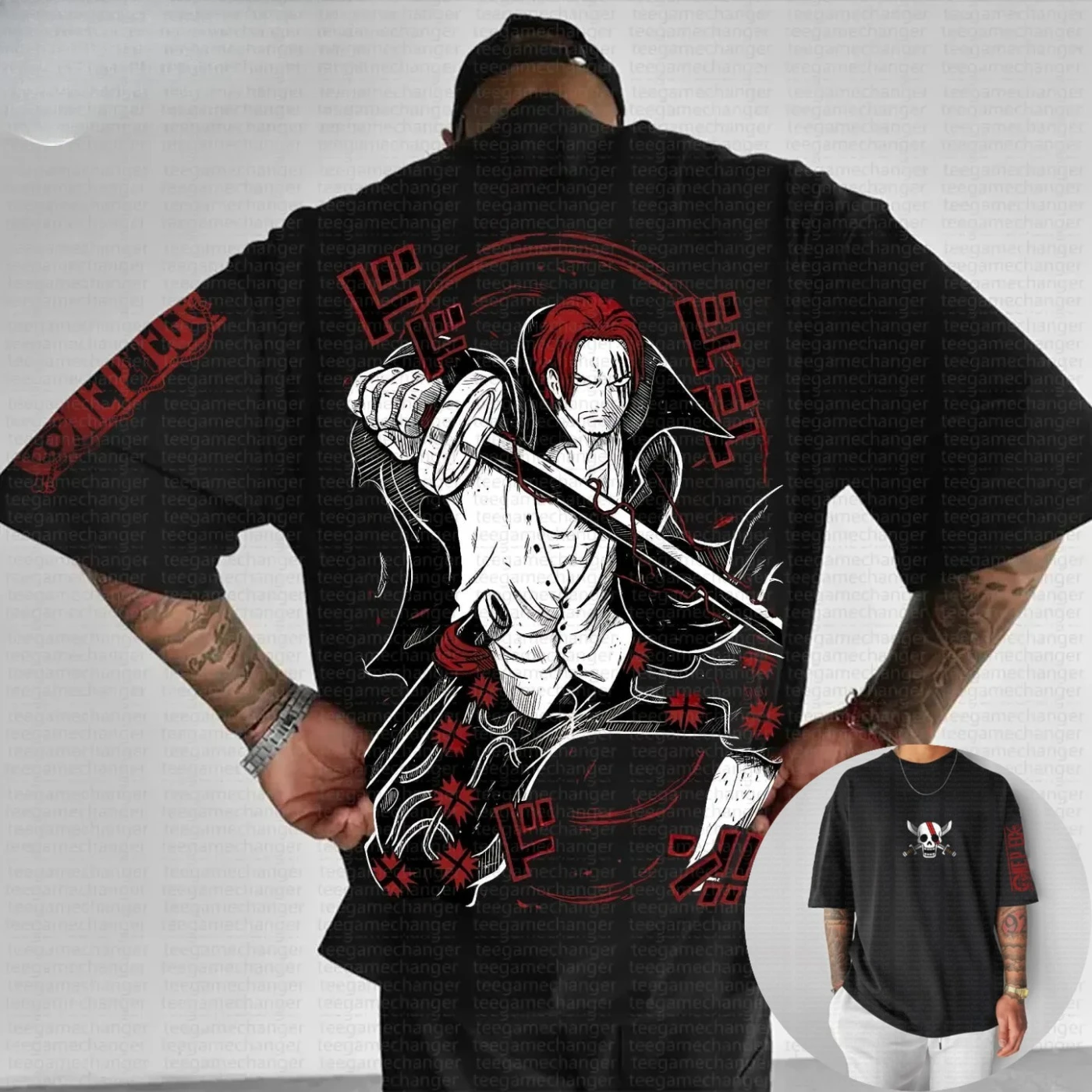 Uno de los cuatro emperadores de "One Piece", conjunto para padres e hijos con estampado Shanks, camiseta holgada estampada de manga corta para hombre de gran tamaño