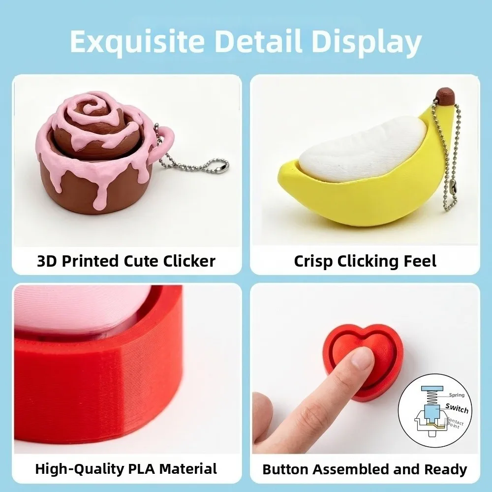 3D Printed Fidget Clicker Keychain Pressable Button Mechanical Click Sensory Fidget Toy Food Shape Food Shape Keychain