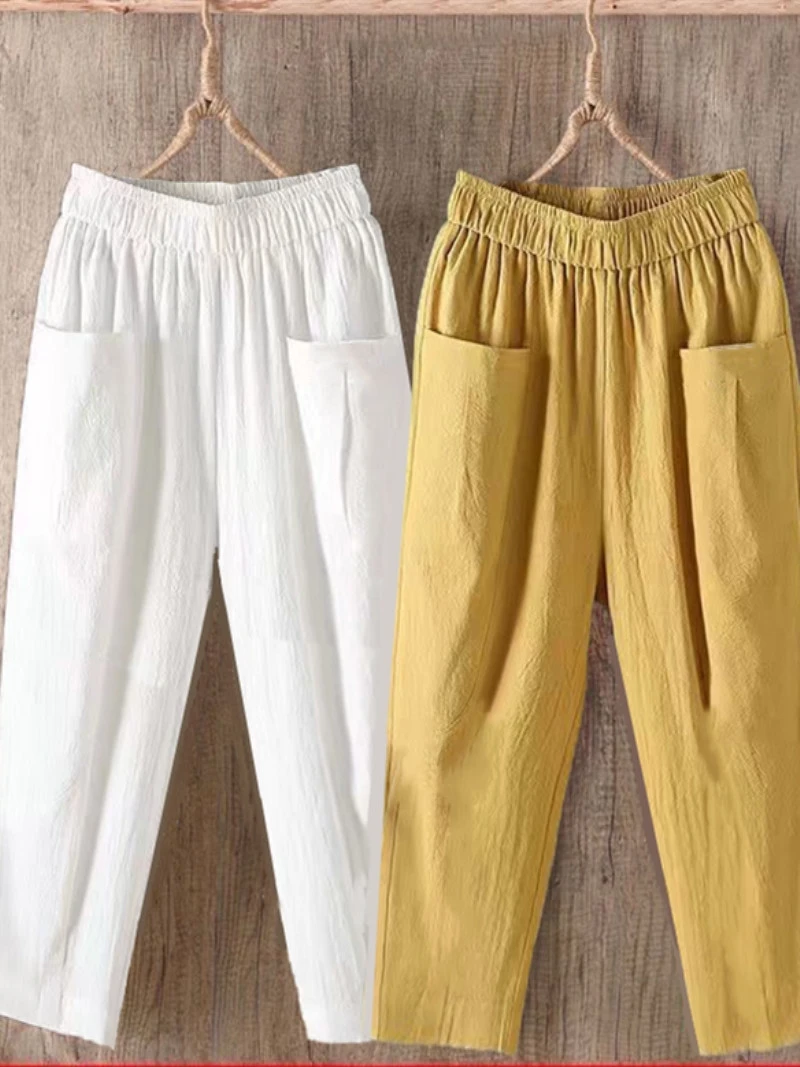 

Новые летние свободные женские повседневные брюки из хлопка и льна, тонкие шаровары большого размера, утягивающие брюки с девятью точками моркови