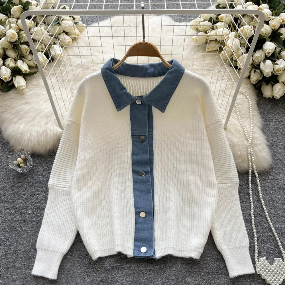 Women Casual Denim Spcling Knitted Jacket Fall Long Sleeve Single Breasted Warm Soft Sweater Cardigan High Quality Knitwear Coat