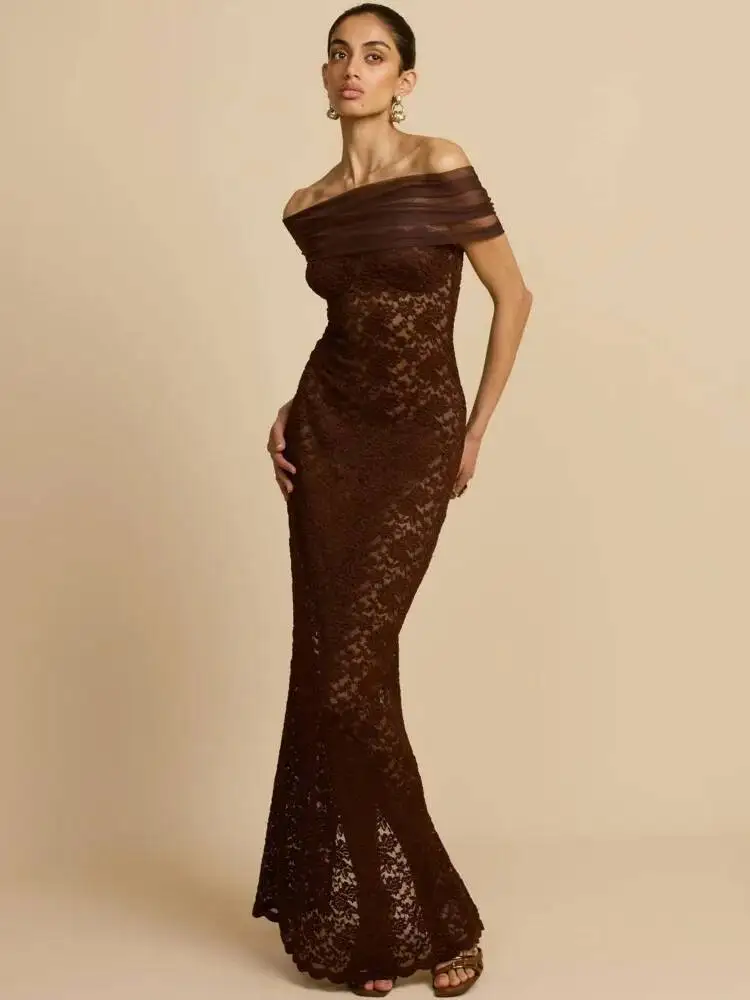 Blifanbo Elegant Off-Shoulder Lace Patchwork Maxi Dress Women Sexy Backless Slim Sleeveless Party Evening Dress Autumn Vestidos