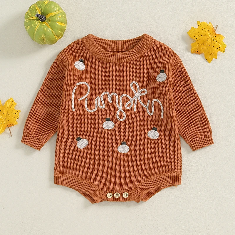 0-18M Baby Girls Boys Sweater Rompers Halloween Clothes Pumpkin Letter Embroidery Long Sleeve Toddler Fall Button Bodysuits