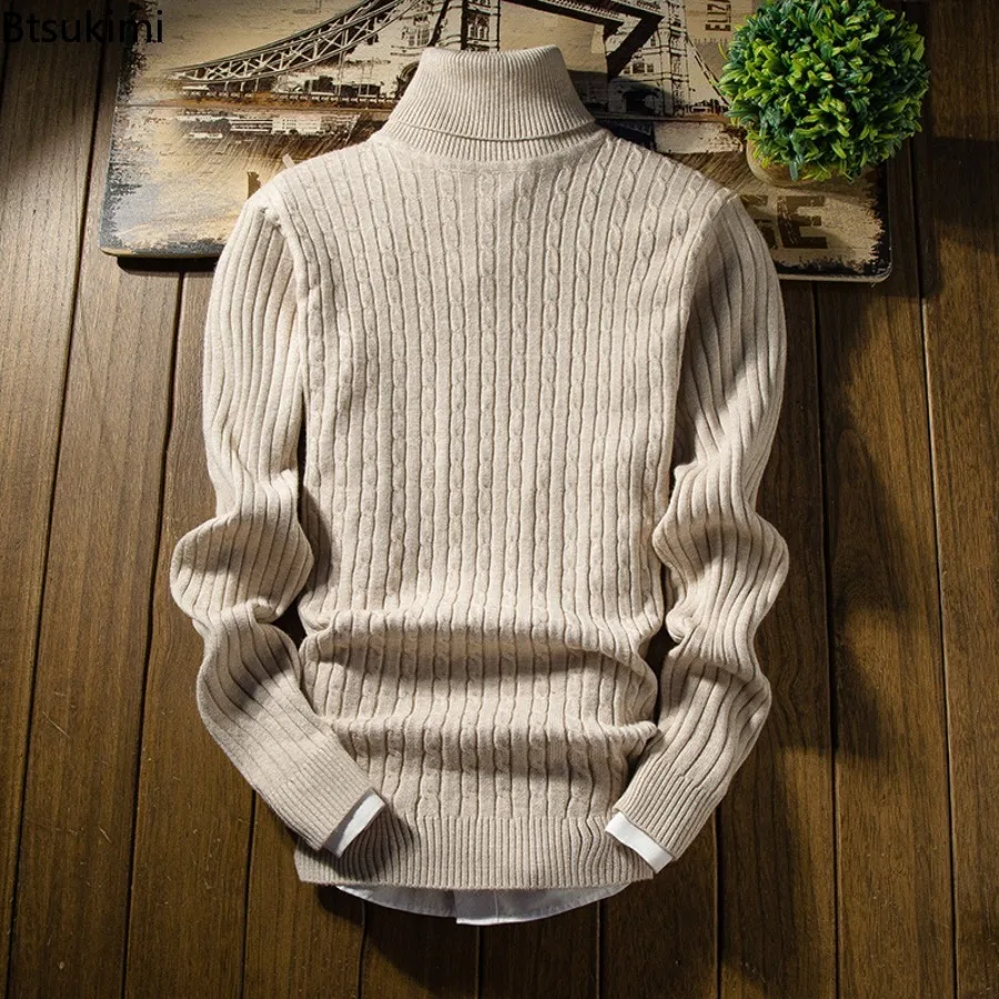 

2025 Men's High Collar Sweaters Autumn Winter New Knitted Pullover Solid Slim Fashion Warm Turtleneck Sweaters Male Kniwear Tops